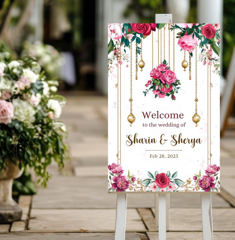 Indian Wedding Welcome Sign Template, Indian Wedding Decor, Pink Floral ...