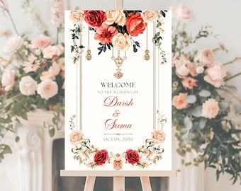 Plantilla de letrero de bienvenida con flores silvestres, letrero de bienvenida floral para bodas, póster para fiestas en el jardín, letrero de bienvenida para despedidas de soltera, tema Royale editable en Canva