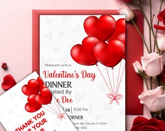 Valentine's Day Party Invitation with Tag Template, Valentines Brunch party Invite, Valentines Heart Dinner Party Card,  Editable