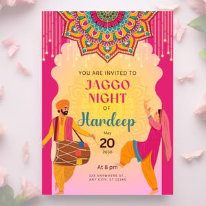 Modelo de convite de casamento indiano Jaggo Nights, convites Punjabi, cartão de casamento Punjabi, convite Sikh para salvar a data, Sangeet Haldi Dholki