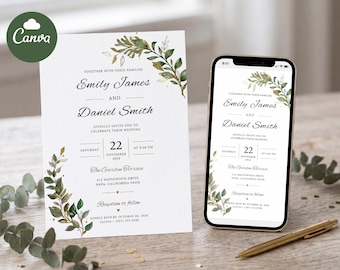 Minimalist Botanical Wedding Invitation Template | Editable Canva Invite | Printable 5x7 & Mobile 1080x1920
