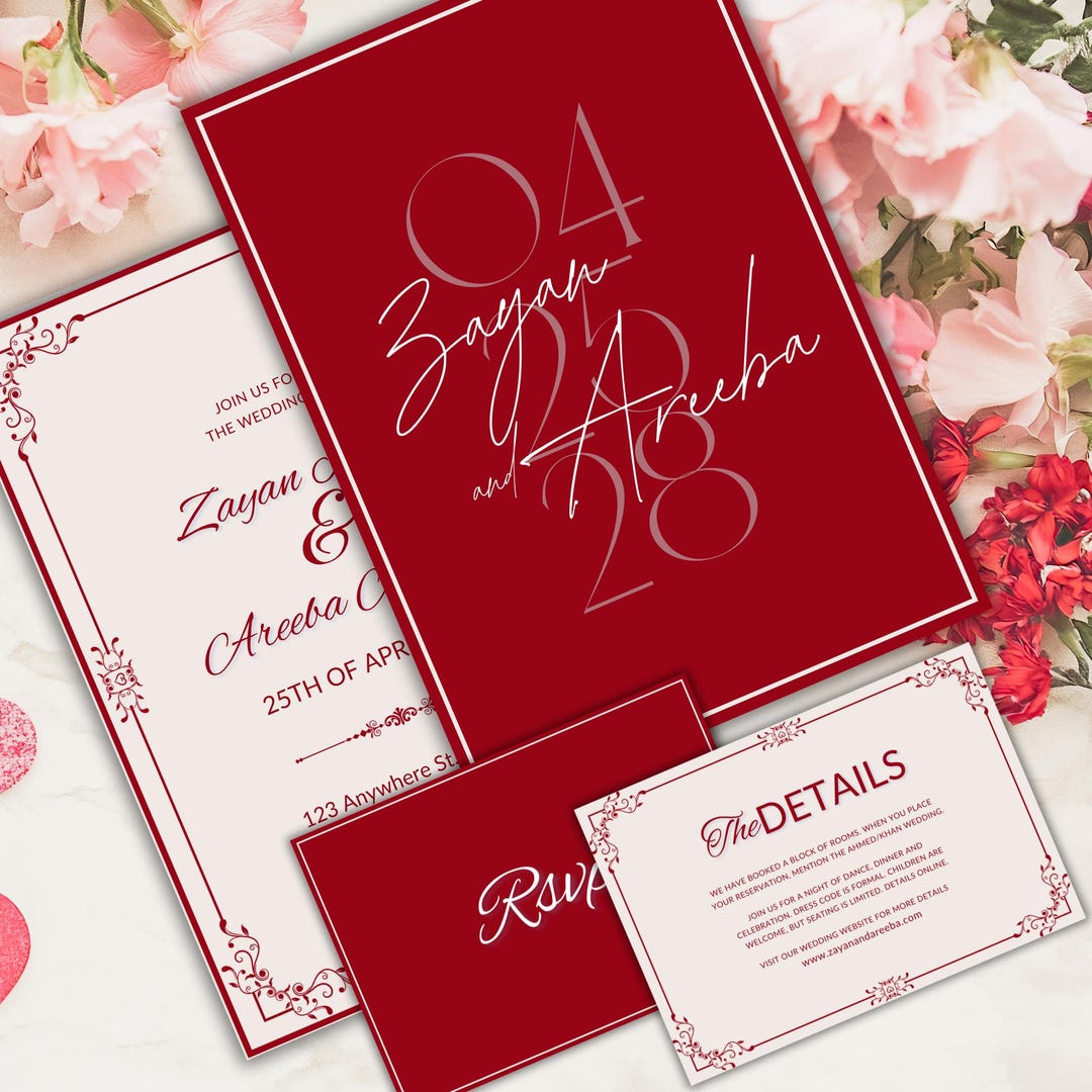 Invitación de boda en rojo y crema: Romance francés, plantilla editable de  Canva (descarga digital) - Etsy México, image size:1080x1080