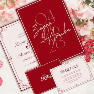 Wedding Invitation Suite, Details and RSVP Card with QR Code, Red and Cream 90s Romance, Elegant French-Inspired Template, Canva Editable