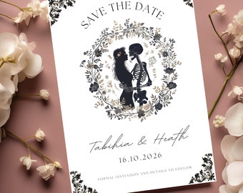Invitación de boda gótica de Halloween, invitación de boda con cartas del tarot para guardar la fecha, invitación de los amantes, plantilla de carta del tarot editable