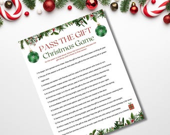 May include: A printable Christmas game with instructions for passing a gift around a group of people. The game includes 15 steps with instructions like "Pass the gift to the one who's been smiling all year" and "Pass the gift to the one who loves to run".