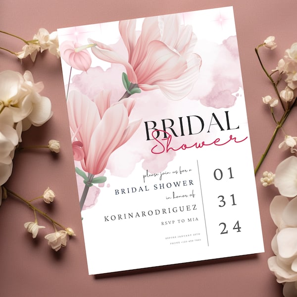 Southern Bridal Shower Invitation Template Pink Magnolia Vintage Floral Wedding Invite Outdoor Garden Party Digital Invitation