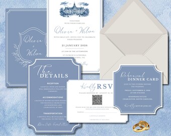 Dusty Blue Wedding Invitation Suite Template | Elegant Estate Wedding Invite Set | Formal French Inspired Editable Bundle