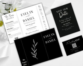Elegant Black and White Gatefold Wedding Invitation with Timeline Design Tri Folded Wedding invitation with Details and RSVP bar code