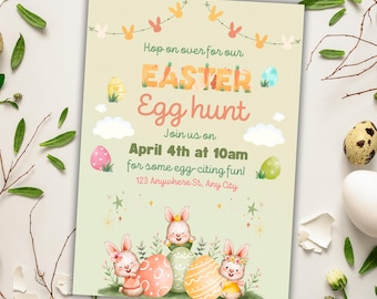 Ostereiersuche Einladung, Osterbrunch einladen, The Hunt is On Ostereiersuche einladen, bearbeitbare Frohe Ostern Einladung, Instant Download