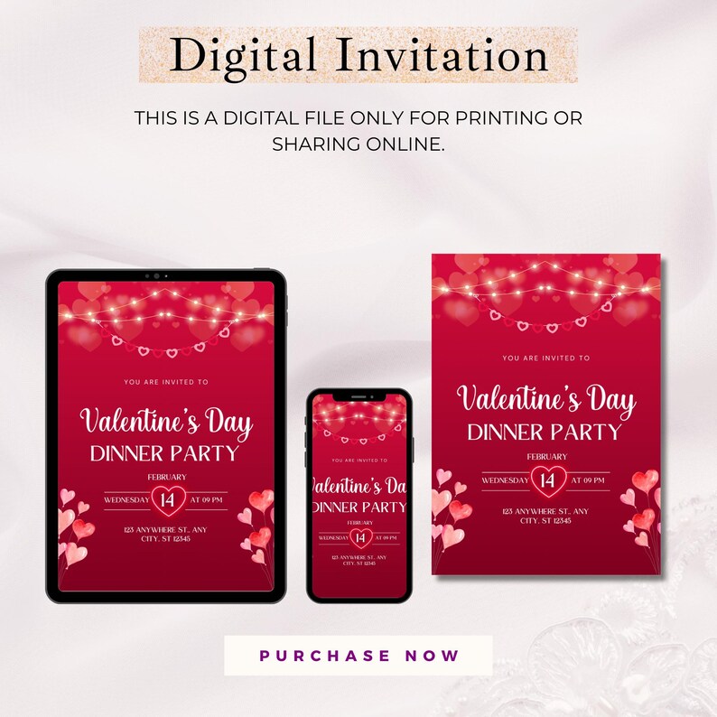May include: A digital invitation for a Valentine's Day dinner party. The invitation features a red background with a string of lights and hearts. The text reads "You are invited to Valentine's Day Dinner Party" with the date and time of the event.