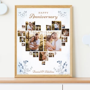 May include: A framed photo collage in a heart shape with a blue and white watercolor background. The collage features photos of a couple and the text "Happy Anniversary" and "Daniel & Adeline".