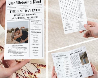 Puede incluir: Un periódico de anuncio de boda con un diseño en blanco y negro. El titular dice "The Best Day Ever" con los nombres de la pareja Jessica y Thomas. El periódico incluye una lista de la fiesta de bodas, agradecimientos especiales, detalles de la boda y una historia de amor.