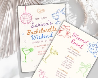 Colorful Bachelorette Weekend Events Itinerary Template, Hand Drawn Bachelorette Invite Quirky Scribble Funky Hens Party Weekend Invite