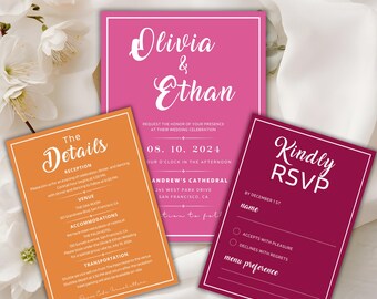 Colorful Modern Wedding Invitation Suite, Editable Canva Template (Digital Download)