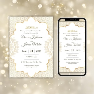 K&ouml;nnte beinhalten: Eine Hochzeitseinladung und ein Smartphone, das dieselbe Einladung anzeigt. Die Einladung ist wei&szlig; mit goldenen Verzierungen und Text. Der Text enth&auml;lt Namen, Datum, Uhrzeit und Ort der Zeremonie.