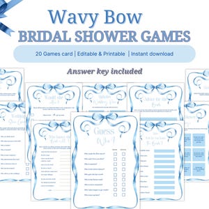She&#39;s Tying the Knot Bridal Shower Games, Blue Ribbon and bow games, Wavy Border Bridal Shower Games, Something Blue Bachelorette Hens Party