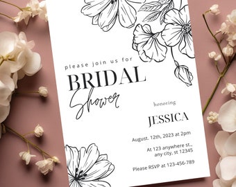Minimalist BRIDAL SHOWER INVITATION template, Black and white Bridal shower invite , Floral bridal shower invitation, Simple Elegant Invite