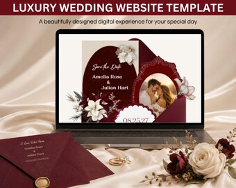 Burgundy Save the Date Website Template | Digital Wedding Invitation with RSVP | Editable Canva Instant Download