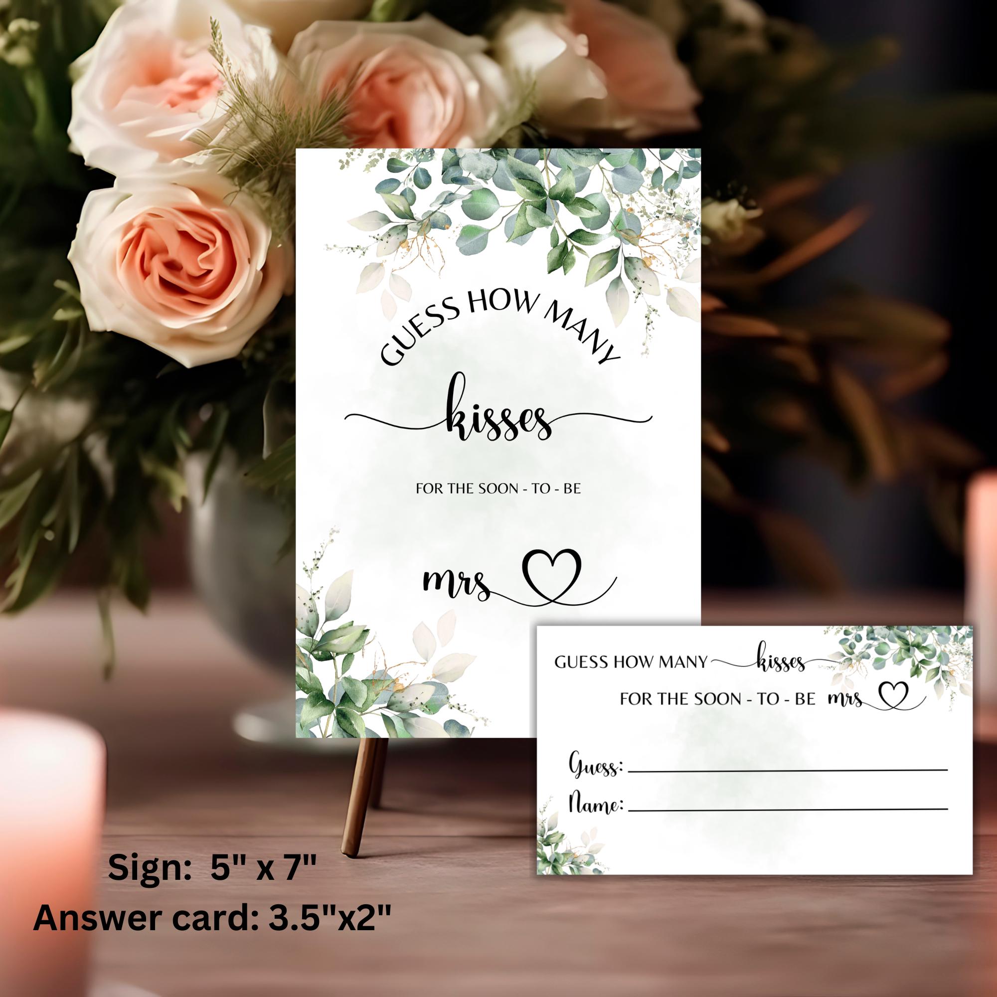 Guess How Many Kisses for the Soon-to-be Mrs Sign and Cards Printable, Greenery & Eucalyptus  bridal shower games, Minimalist Game Template