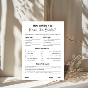 How Well Do You Know The Bride Game, Bridal Shower Trivia Game, Modern Minimalist Wedding Shower Bridal Quiz Game Engagement Party game