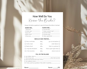 How Well Do You Know The Bride Game | Bridal Shower Trivia Quiz | Minimalist Wedding Shower Game | Engagement Party Printable