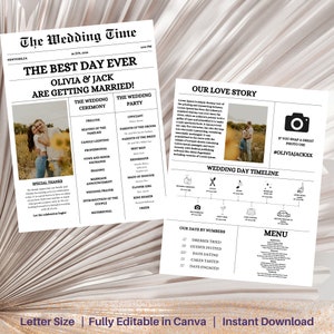Newspaper Wedding Program with Timeline, Editable Wedding Newspaper Program, Printable Wedding Infographic, Folded Wedding Day Program