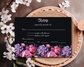 Gotische reactie bruiloft | Afdrukbare boho-sjabloon voor RSVP bruiloft | De dood scheidt ons | Griezelige bloemenhuwelijksuitnodiging | Bruiloftsuitnodiging wilde bloemen