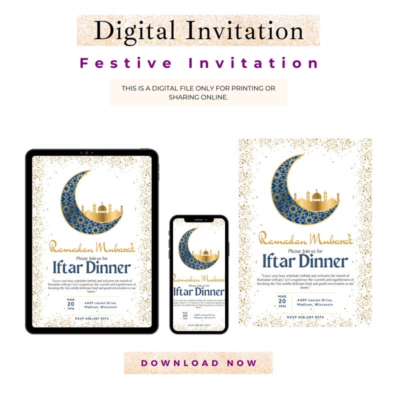 Uitnodiging voor Iftar-feest Iftar dineruitnodiging Ramadan-uitnodiging Afdrukbare islamitische viering uitnodigen afbeelding 2