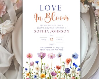 Love in Bloom Bridal Shower Invitation | Wildflower Bridal Shower Invite | Boho Floral Bridal Shower Template | Editable Canva