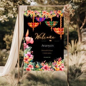 Plantilla de letrero de bienvenida de mehndi, póster floral editable para fiesta india, temática floral y negra, decoración Haldi Sangeet, decoración de mehndi, temática multicolor