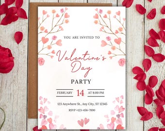 Valentine's Day Party Invitation Template, Valentines Brunch party Invite, Valentines Heart Dinner Party Card, Valentines Heart Editable