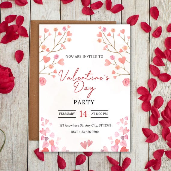 Valentine's Day Party Invitation Template, Valentines Brunch party Invite, Valentines Heart Dinner Party Card, Valentines Heart Editable