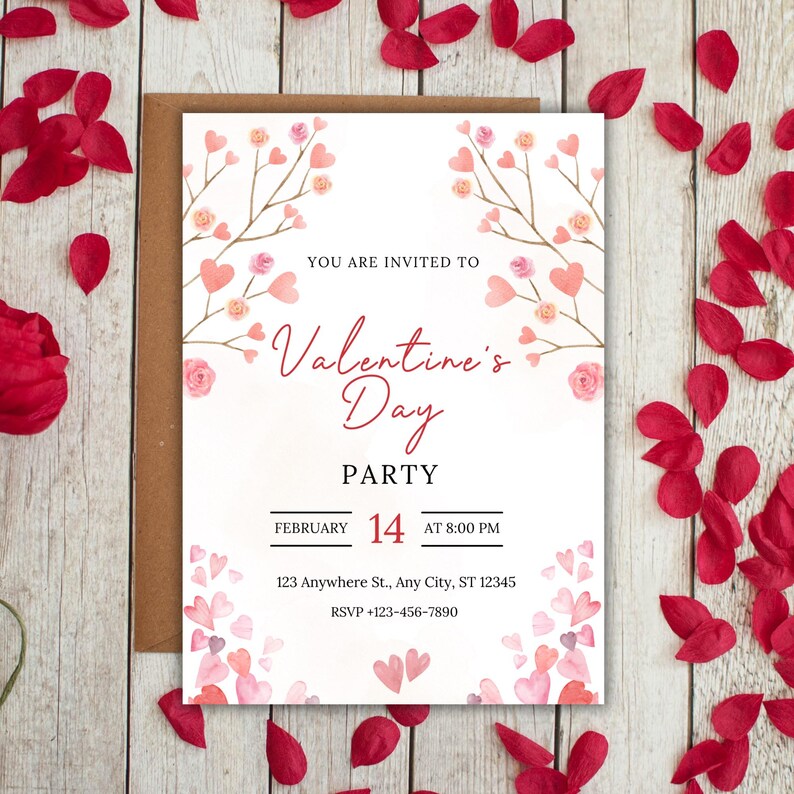 May include: A white invitation card with pink watercolor hearts and flowers. The text reads "You are invited to Valentine's Day Party, February 14, at 8:00 PM, 123 Anywhere St., Any City, ST 12345, RSVP +123-456-7890".
