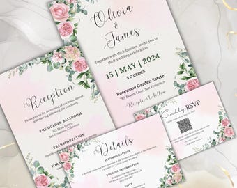 Blush Pink Wedding Invitation Suite | 4 Piece Editable Template Set | Floral Wedding Invite Bundle | Printable Canva Invitation