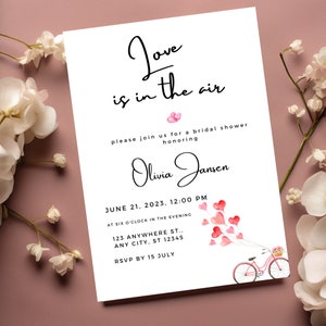 Valentine&#39;s Bridal Shower Invitation, Editable Love Is In The Air  Bridal Party Invite, Modern Bridal Shower Party Invite, Pink & Red Hearts