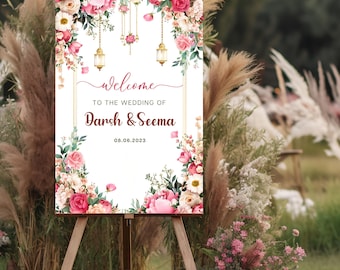 Indian Wedding Welcome Sign Template, Indian Wedding Decor, Pink Floral Royal Indian Welcome Sign, Engagement Party Welcome Sign Decorations