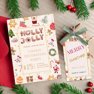 Holly Jolly Weihnachtsplätzchen-Dekorieren-Einladung, Weihnachtsessen-Einladungsvorlage, bearbeitbare Weihnachtsfeier-Einladung, Geschenkanhänger