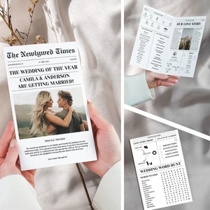 Pode incluir: Um anúncio de casamento no estilo de um jornal com uma foto do casal e o texto "The Wedding of the Year Camila & Anderson Are Getting Married!"