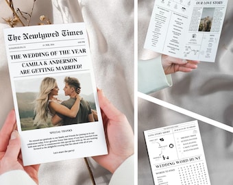 May include: A wedding announcement in the style of a newspaper with a photo of the couple and the text "The Wedding of the Year Camila & Anderson Are Getting Married!"