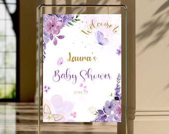 Purple Butterfly Baby Shower Welcome Sign Template | Editable Baby Shower Sign | Floral Butterfly Welcome Poster | Printable Canva