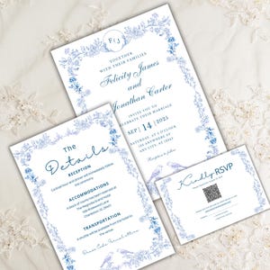 Stoffige blauwe toile de jouy-huwelijksuitnodiging | Chinoiserie-bruidssuite | RSVP QR-code | Franse bloemen vintage uitnodiging | Bewerkbare sjabloon