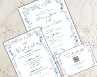 Conjunto de convites de casamento em toile de jouy azul-poeira | Conjunto de casamento chinoiserie | Código QR RSVP | Convite vintage floral francês | Modelo editável