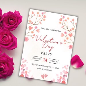 May include: A Valentine's Day party invitation with a pink and white floral design. The invitation includes the text "You are invited to Valentine's Day Party" and details about the party, including the date, time, and location. RSVP: +123-456-7890