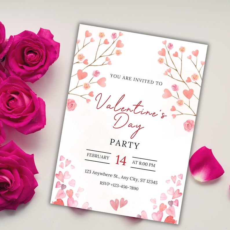 May include: A Valentine's Day party invitation with a pink and white floral design. The invitation includes the text "You are invited to Valentine's Day Party" and details about the party, including the date, time, and location. RSVP: +123-456-7890