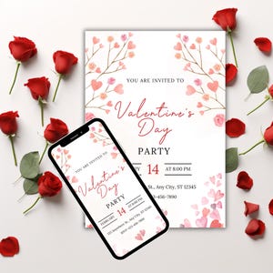 May include: A digital and printed invitation for a Valentine's Day party. The invitation features a pink and white floral design with hearts and the text "You are invited to Valentine's Day Party".