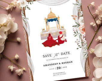 Indian Wedding Invitation Template, Anand Karaj invites, Punjabi invitations, Punjabi Wedding card, Sikh invitation, Save the Date