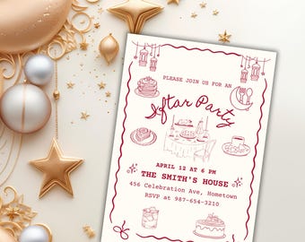 May include: A red and white invitation to an Iftar party. The invitation features a hand-drawn illustration of a table with food, a crescent moon, and lanterns. The text reads "Please join us for an Iftar Party", "April 12 at 6 PM", "The Smith's House", "456 Celebration Ave, Hometown", and "RSVP at 987-654-3210".