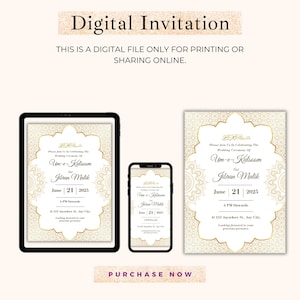 K&ouml;nnte beinhalten: Digitales Einladungsdesign, das auf einem Tablet, Smartphone und einer gedruckten Karte angezeigt wird. Das Design zeigt einen goldenen floralen Rahmen mit Text in Englisch und Arabisch. Die Einladung enth&auml;lt die Namen Um-e-Kulsoom und Jibran Malik, mit dem Datum 21. Juni 2025.