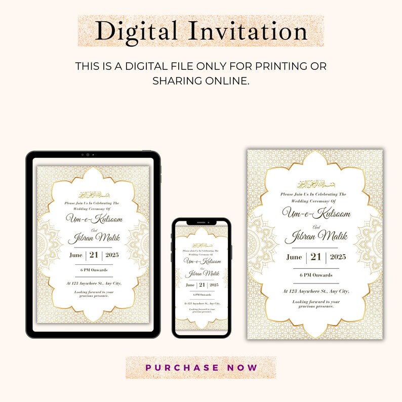 K&ouml;nnte beinhalten: Digitales Einladungsdesign, das auf einem Tablet, Smartphone und einer gedruckten Karte angezeigt wird. Das Design zeigt einen goldenen floralen Rahmen mit Text in Englisch und Arabisch. Die Einladung enth&auml;lt die Namen Um-e-Kulsoom und Jibran Malik, mit dem Datum 21. Juni 2025.