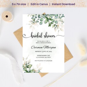 May include: A printable bridal shower invitation with a watercolor background featuring green leaves and white flowers. The text reads "bridal shower", "Please join us for a bridal shower honoring Carmen Margan", "Monday | June 26 | 2025", "Stonewood Cafe", "123 Anywhere 5464 Street", and "RSVP to Jessica at 32765926598".